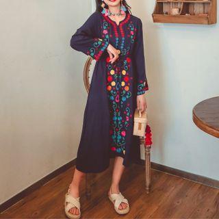 Long-sleeve Pattern Print Maxi Dress