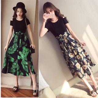 Short-sleeve Asymmetric Cold Shoulder Printed Paneled A-line Midi Dress