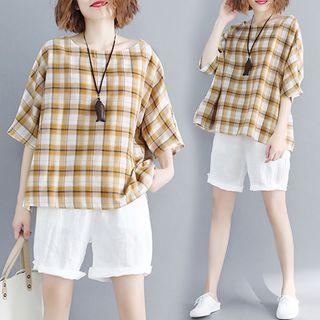 Plaid Round-neck Short-sleeve T Shirt Yellow - L