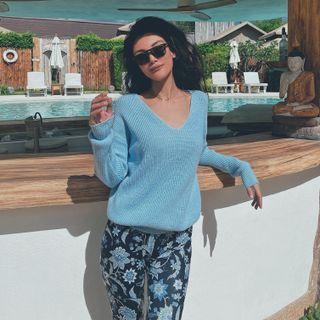 V-neck Plain Oversize Sweater Blue - One Size