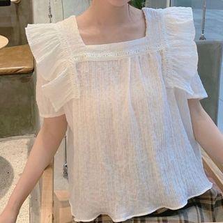 Ruffle Trim Square-neck Short-sleeve Chiffon Blouse