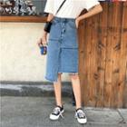 Asymmetric Frayed Hem Slit Denim Skirt