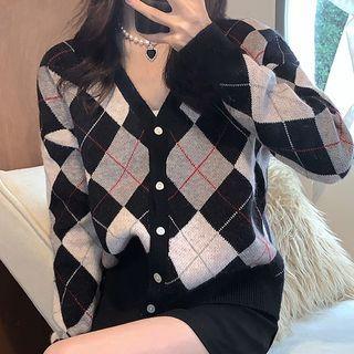 V-neck Argyle Cropped Cardigan Black & White & Gray - One Size