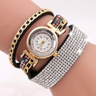Rhinestone Chained Layered Strap Watch
