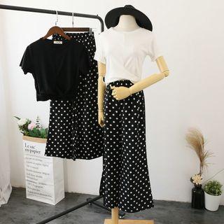 Set: Crew-neck Short-sleeve T-shirt + Dotted Wide-leg Pants