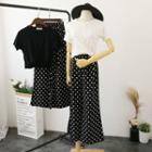 Set: Crew-neck Short-sleeve T-shirt + Dotted Wide-leg Pants