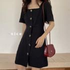 Short-sleeve Button-up Mini A-line Dress Black - One Size