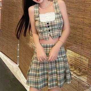 Set: Mock Two-piece Plaid Camisole Top + A-line Skirt