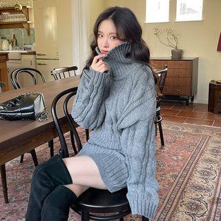 Turtleneck Cable Sweater & Miniskirt Set