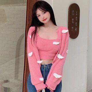 Wing-accent Cropped Cardigan / Camisole Top