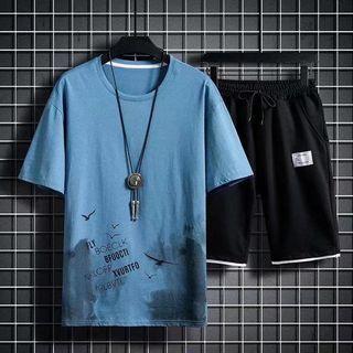 Set: Short-sleeve Lettering T-shirt + Drawstring Applique Shorts