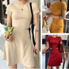 Plain Cutout Waist Short-sleeve Slim-fit Dress