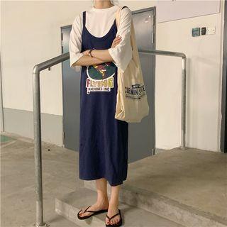 Set: Short-sleeve T-shirt / Spaghetti-strap Dress Set / Navy Blue Vest + T Shirt - One Size