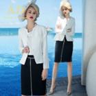 Embellished-neckline Snap-button Blazer / Contrast-color Skirt