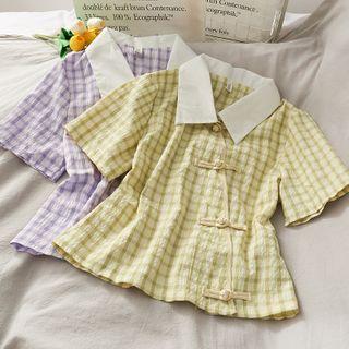 Frog-button Checker Crop Blouse