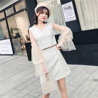 Set: Mesh Sleeve Tweed Top + Lace Trim A-line Tweed Skirt