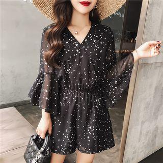 Bell-sleeve Star Print Playsuit
