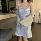 Drawstring Ruffled Long-sleeve Cardigan / Plaid Drawstring Dress