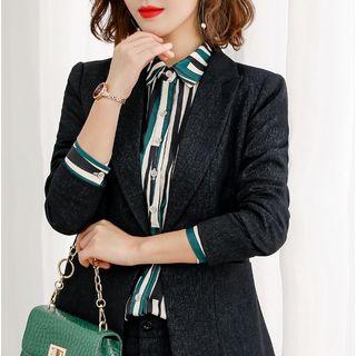 Striped Shirt / Plain Single-button Blazer / Mini Pencil Skirt / Dress Pants / Set