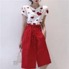 Short-sleeve Heart Embroidery T-shirt / A-line Skirt