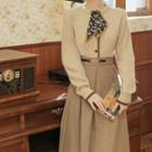Set: Contrast Trim Cardigan + Pleated Midi A-line Skirt