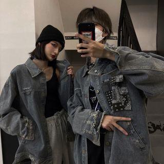 Couple Matching Paisley Print Panel Distressed Denim Jacket