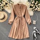 Long-sleeve Stand-collar Lace-up Strap Dress