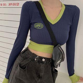 Number Print Cropped Sweater