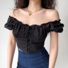 Strap Cutout Embroidered Puff-sleeve Shirt