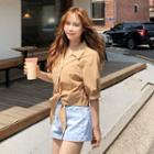 Cutout-neckline Tie-hem Linen Shirt