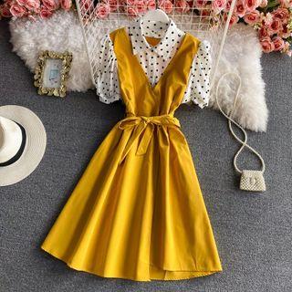 Inset Short Sleeve Dotted Shirt Tank Dress With Sash