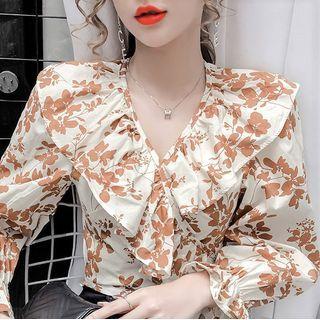 Long-sleeve Ruffled Floral Print V-neck Blouse