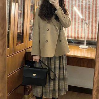 Double Breasted Blazer / Plaid Midi Pleated Skirt