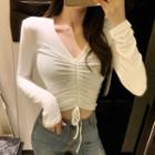 Drawstring V-neck Long-sleeve T-shirt