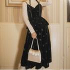 Spaghetti Strap Print Midi Dress / Long-sleeve Lace Top / Long-sleeve Midi Dress / Set