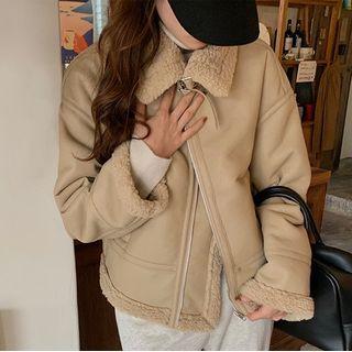 Lapel Fleece Faux Leather Jacket