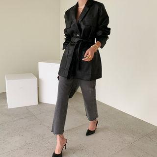 Flap-pocket Pleather Blazer & Sash Black - One Size