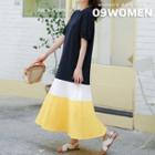 Plus Size Puff-sleeve Color-block Maxi Dress