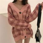 V-neck Plaid Cardigan Plaid - Pink - One Size