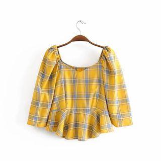 Plaid 3/4-sleeve Peplum Blouse