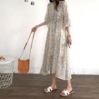 3/4-sleeve Asymmetric Patterned A-line Midi Chiffon Dress