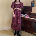 Short-sleeve Floral Midi A-line Dress Purple Flower - Black - One Size