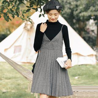 Set: Mock-neck Long-sleeve Knit Top + V-neck Spaghetti Strap A-line Dress