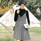Set: Mock-neck Long-sleeve Knit Top + V-neck Spaghetti Strap A-line Dress