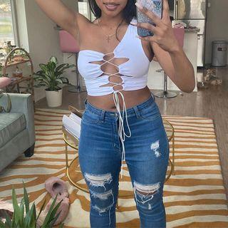One-shoulder Cutout Tie-strap Crop Tank Top