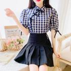 Set: Short-sleeve Plaid Top + Pleated Mini Skort