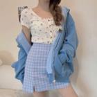 Short-sleeve Floral Print Button T-shirt / Plaid Mini Fitted Skirt