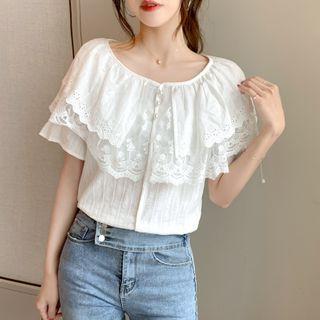 Short-sleeve Eyelet Lace Ruffle Blouse