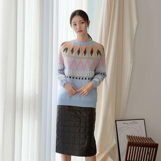 Furry-trim Zigzag-patterned Sweater