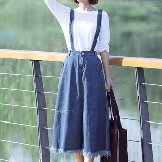 Frayed Hem Midi Denim Suspender Skirt